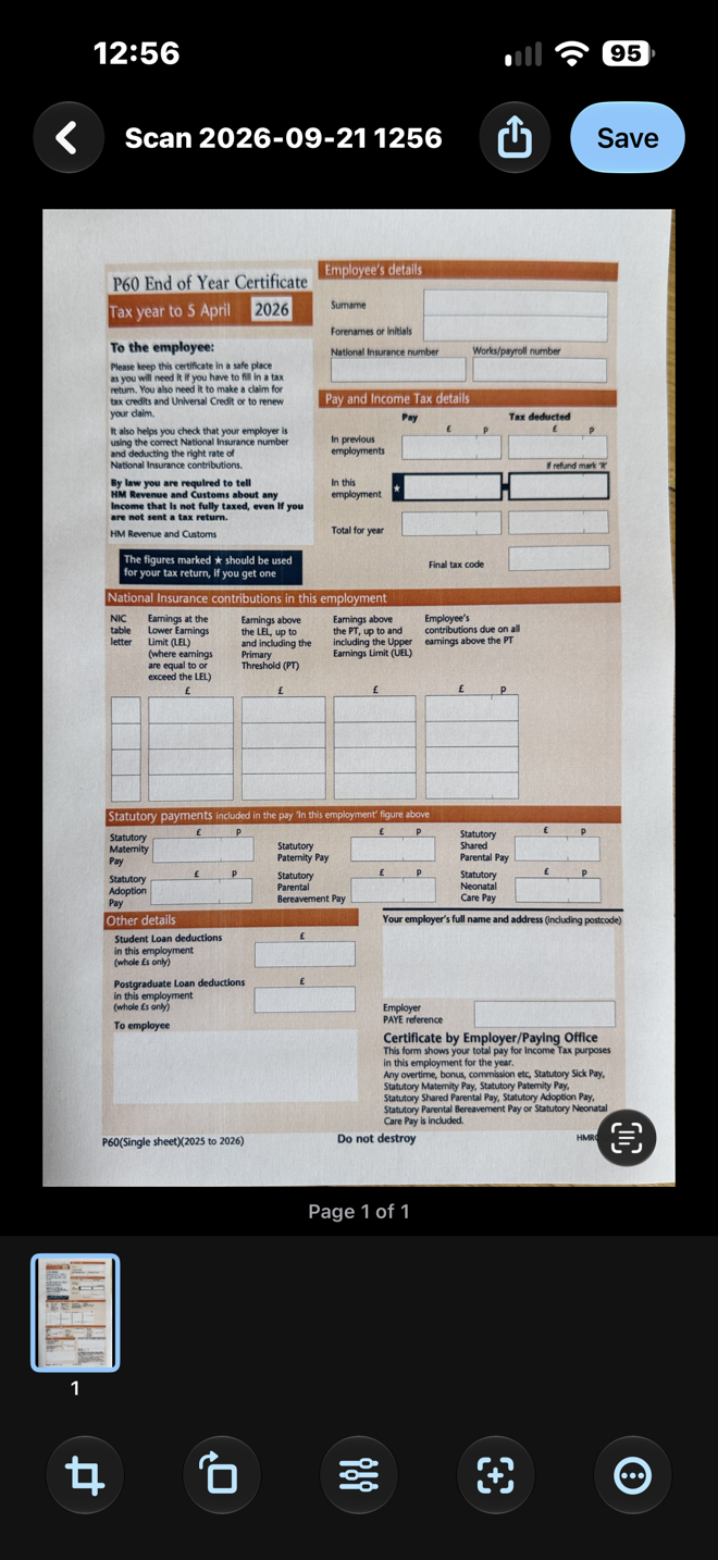 scandango review screen showing the cleaned blank P60 sample document