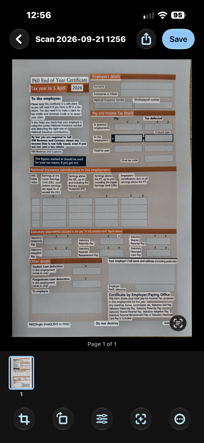scandango selecting recognised text in the blank P60 sample document